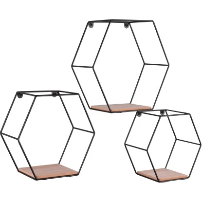 Mirrors & More Metall-Wandregal-Set 6-Eckig Sarah Mit Holz – Bild 2