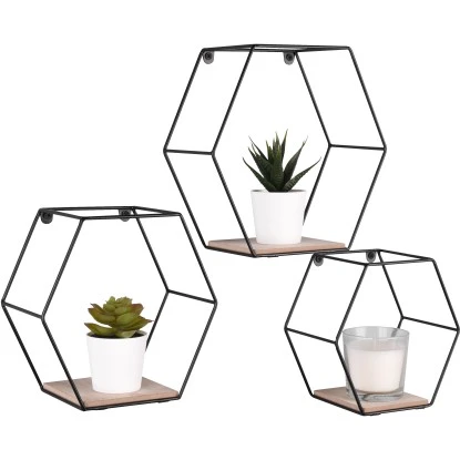 Mirrors & More Metall-Wandregal-Set 6-Eckig Sarah Mit Holz – Bild 5