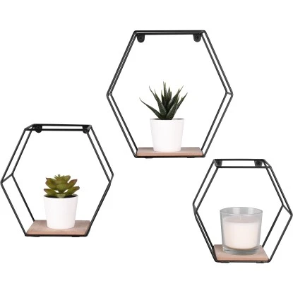 Mirrors & More Metall-Wandregal-Set 6-Eckig Sarah Mit Holz – Bild 6