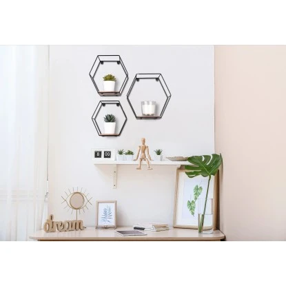 Mirrors & More Metall-Wandregal-Set 6-Eckig Sarah Mit Holz – Bild 7