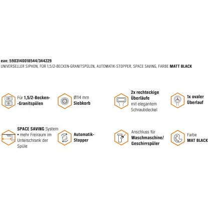 Miló Röhrensiphon-Set Für Doppelbecken Mit Exzenter Mattschwarz Ø 114 Mm – Bild 7