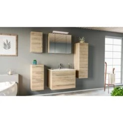 Posseik Badmöbel-Set Homeline 80 Cm Eiche Hell Seidenglanz 5-teilig