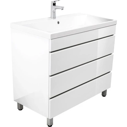 Posseik Stand-Waschplatz 90 Cm Amilia Weiß Hochglanz Mit Grifflosen Schubladen – Bild 2